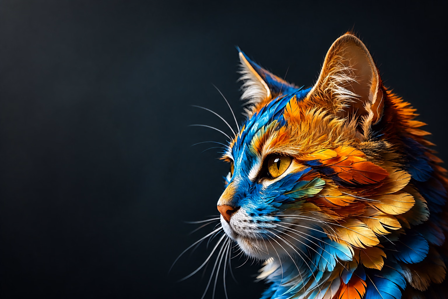 Colorful feather-textured cat portrait in blue, orange and gold