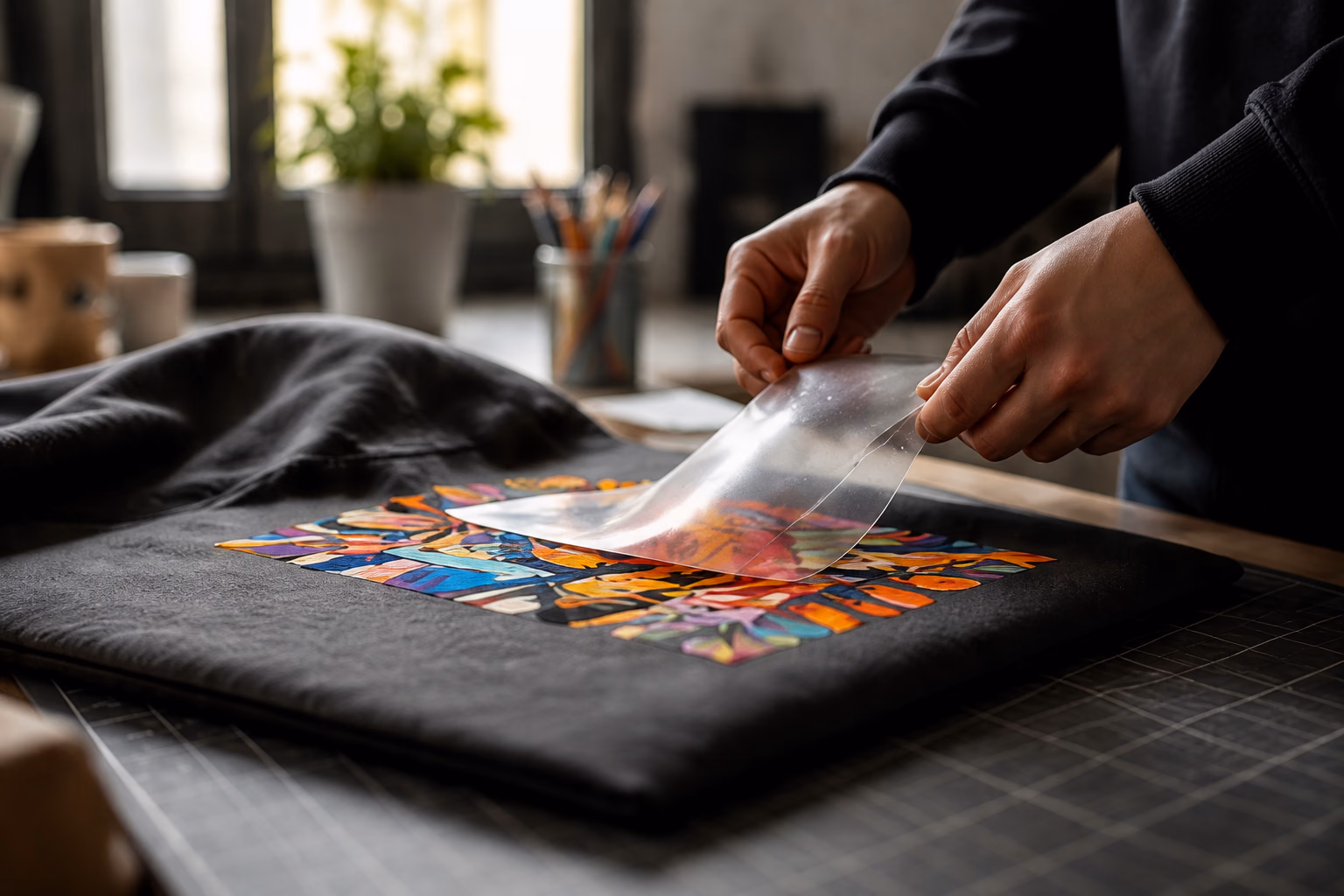 Illustrative image of hands lifting transfer film over a black garment