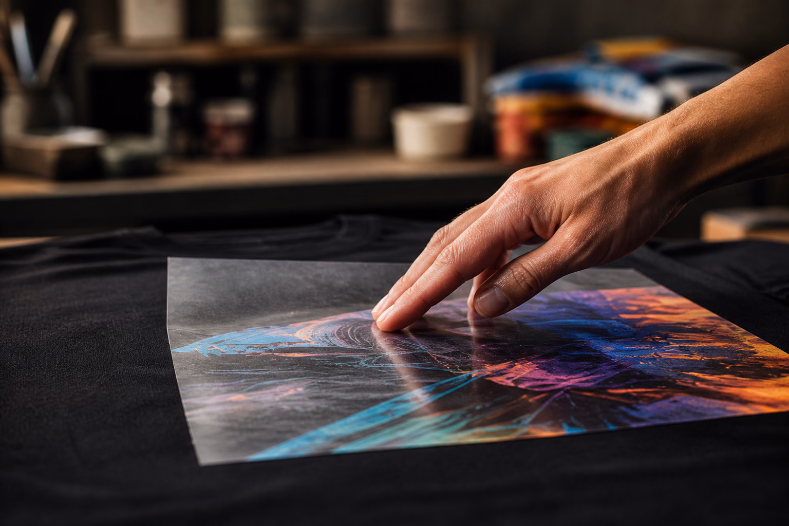 Illustrative image of a hand aligning transfer film over black fabric